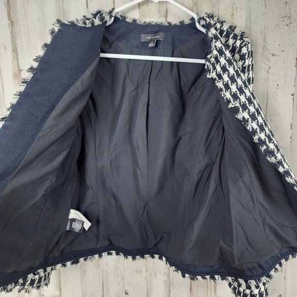 Ann Taylor Houndstooth Fringe Blazer Jacket Black White Size 4 - Picture 11 of 13